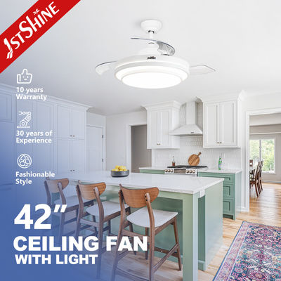 Bedroom Retractable Ceiling Fan With Light 3 Color Dimmable LED Light Remote Control